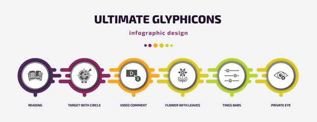 Poster - ultimate glyphicons infographic element with filled icons and 6 step or option. ultimate glyphicons icons such as reading, target with circle, video comment, flower with leaves, tings bars, private