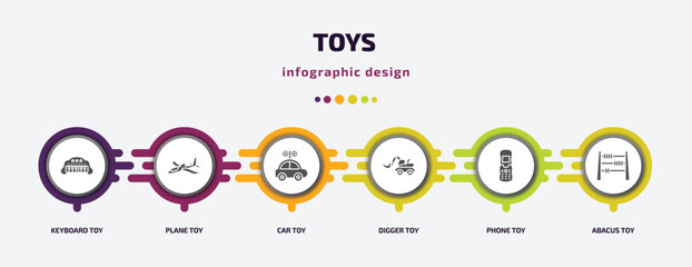 Poster - toys infographic element with filled icons and 6 step or option. toys icons such as keyboard toy, plane toy, car toy, digger phone abacus vector. can be used for banner, info graph, web.