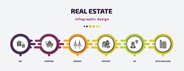 Aufkleber - real estate infographic element with filled icons and 6 step or option. real estate icons such as bu
