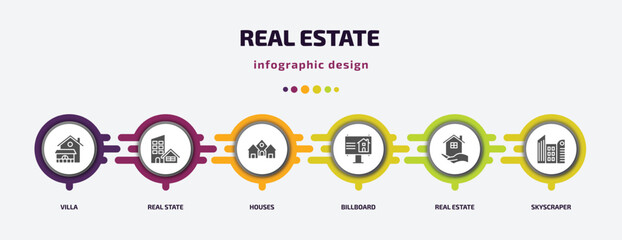 Aufkleber - real estate infographic element with filled icons and 6 step or option. real estate icons such as vi
