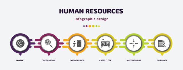 Poster - human resources infographic element with filled icons and 6 step or option. human resources icons such as contact, due diligence, exit interview, chess clock, meeting point, grievance vector. can be