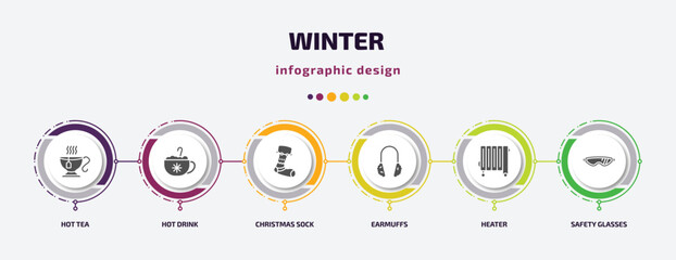 Poster - winter infographic element with filled icons and 6 step or option. winter icons such as hot tea, hot drink, christmas sock, earmuffs, heater, safety glasses vector. can be used for banner, info