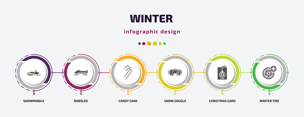 Poster - winter infographic element with filled icons and 6 step or option. winter icons such as snowmobile, bobsled, candy cane, snow goggle, christmas card, winter tire vector. can be used for banner, info