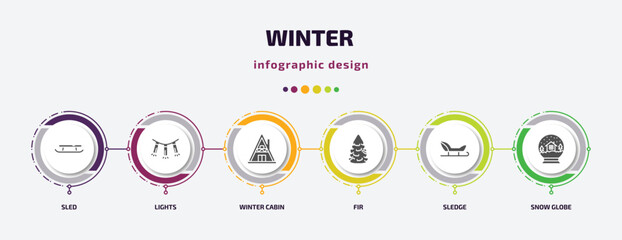 Poster - winter infographic element with filled icons and 6 step or option. winter icons such as sled, lights, winter cabin, fir, sledge, snow globe vector. can be used for banner, info graph, web.