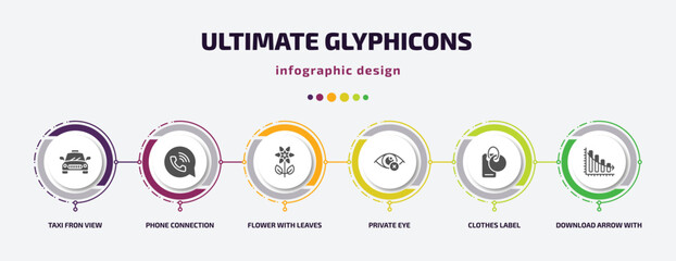 Poster - ultimate glyphicons infographic element with filled icons and 6 step or option. ultimate glyphicons icons such as taxi fron view, phone connection, flower with leaves, private eye, clothes label,