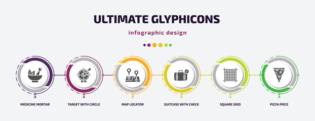 Poster - ultimate glyphicons infographic element with filled icons and 6 step or option. ultimate glyphicons icons such as medicine mortar, target with circle, map locator, suitcase with check, square grid,