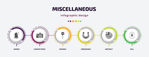 Poster - miscellaneous infographic element with filled icons and 6 step or option. miscellaneous icons such as snooze, camera front, diminish, horseshoes, abstract, will vector. can be used for banner, info