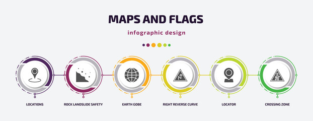 Poster - maps and flags infographic element with filled icons and 6 step or option. maps and flags icons such as locations, rock landslide safety, earth gobe, right reverse curve, locator, crossing zone