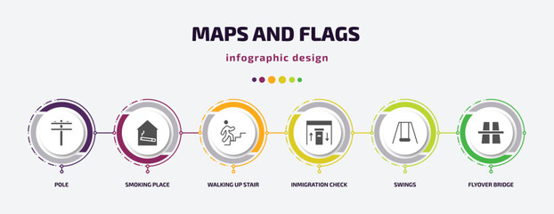 Poster - maps and flags infographic element with filled icons and 6 step or option. maps and flags icons such as pole, smoking place, walking up stair, inmigration check point, swings, flyover bridge vector.