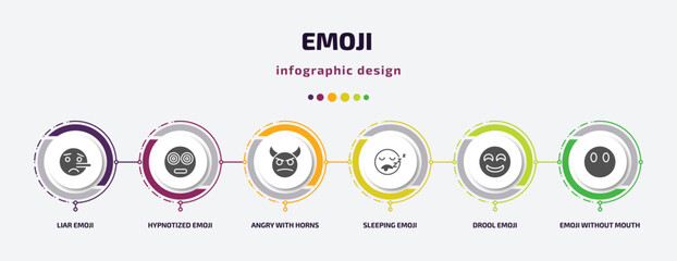 Poster - emoji infographic element with filled icons and 6 step or option. emoji icons such as liar emoji, hypnotized angry with horns sleeping drool without mouth vector. can be used for banner, info graph,
