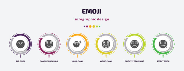 Poster - emoji infographic element with filled icons and 6 step or option. emoji icons such as sad emoji, tongue out ninja weird slightly frowning secret vector. can be used for banner, info graph, web.