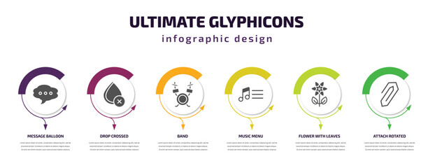 Poster - ultimate glyphicons infographic element with filled icons and 6 step or option. ultimate glyphicons icons such as message balloon, drop crossed, band, music menu, flower with leaves, attach rotated