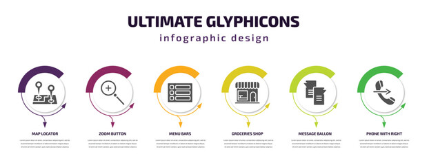 Poster - ultimate glyphicons infographic element with filled icons and 6 step or option. ultimate glyphicons icons such as map locator, zoom button, menu bars, groceries shop, message ballon, phone with