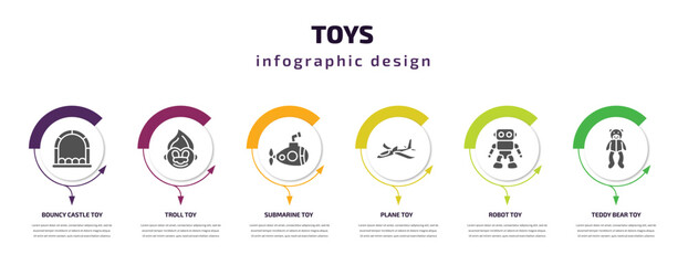 Poster - toys infographic element with filled icons and 6 step or option. toys icons such as bouncy castle toy, troll toy, submarine toy, plane robot teddy bear vector. can be used for banner, info graph,