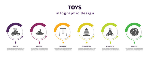 Poster - toys infographic element with filled icons and 6 step or option. toys icons such as car toy, boat toy, swing toy, pyramid spinner ball vector. can be used for banner, info graph, web.