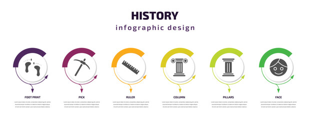 Poster - history infographic element with filled icons and 6 step or option. history icons such as foot print, pick, ruler, column, pillars, face vector. can be used for banner, info graph, web.