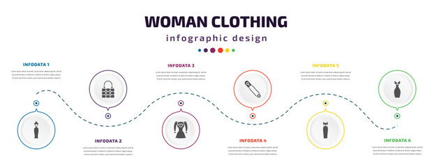 Poster - woman clothing infographic element with filled icons and 6 step or option. woman clothing icons such