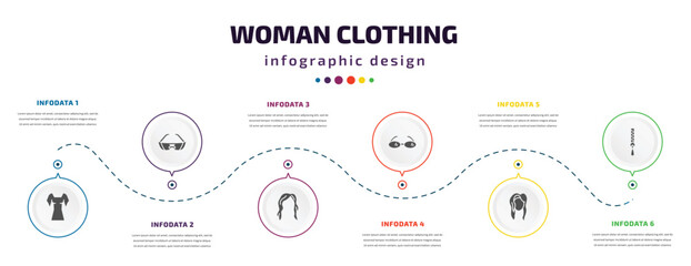 Poster - woman clothing infographic element with filled icons and 6 step or option. woman clothing icons such as rectangular, glasses for eyes, hair wig with side, reading eyeglasses, human black hair, zip
