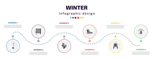 Poster - winter infographic element with filled icons and 6 step or option. winter icons such as winter shove