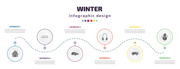 Poster - winter infographic element with filled icons and 6 step or option. winter icons such as chalet, sled, goggles, earmuffs, snow goggle, snowman vector. can be used for banner, info graph, web.