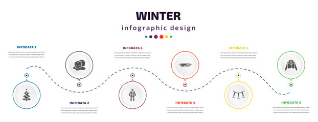 Poster - winter infographic element with filled icons and 6 step or option. winter icons such as christmas tree, snow ball, snowsuit, safety glasses, lights, fur coat vector. can be used for banner, info