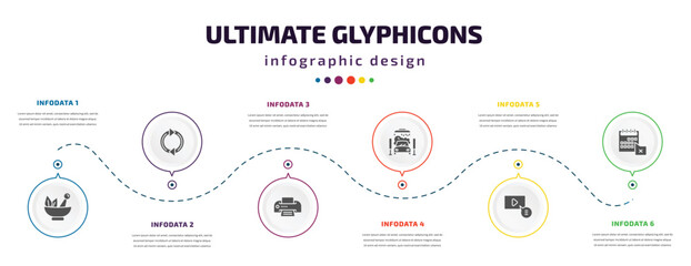 Poster - ultimate glyphicons infographic element with filled icons and 6 step or option. ultimate glyphicons icons such as medicine mortar, refresh curve arrows, printer with paper, car wash, video comment,