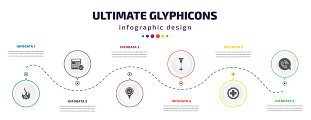 Poster - ultimate glyphicons infographic element with filled icons and 6 step or option. ultimate glyphicons icons such as round flame, calendar checked, checked pin, cocktail glass, plus button, phone