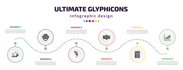Poster - ultimate glyphicons infographic element with filled icons and 6 step or option. ultimate glyphicons icons such as cargo boat, smiling face, automatic flash, error message, exclamation file, upload