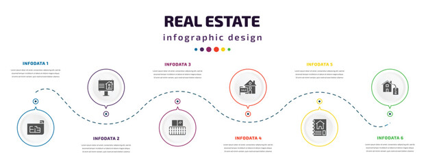 Aufkleber - real estate infographic element with filled icons and 6 step or option. real estate icons such as pl