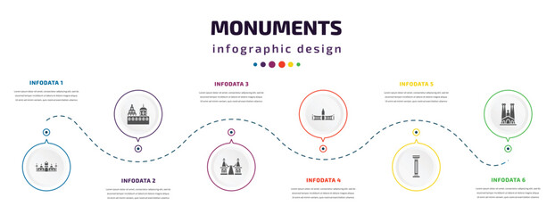 Poster - monuments infographic element with filled icons and 6 step or option. monuments icons such as badshahi mosque, blue domed churches, bridge of the west, retiro park, greek column, spain vector. can