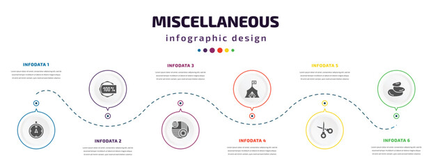Poster - miscellaneous infographic element with filled icons and 6 step or option. miscellaneous icons such as compass pointing north, 100 percent, abstract, refugee, scissor, pebble vector. can be used for