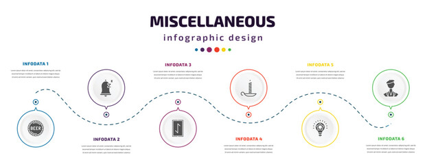 miscellaneous infographic element with filled icons and 6 step or option. miscellaneous icons such as beer cap, snooze, rune, candlesticks, thinking solutions, swiss vector. can be used for banner,