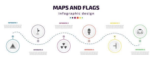 Aufkleber - maps and flags infographic element with filled icons and 6 step or option. maps and flags icons such as speed breaker, maps flags, radiactive, toilets, left intersection, ear protection vector. can