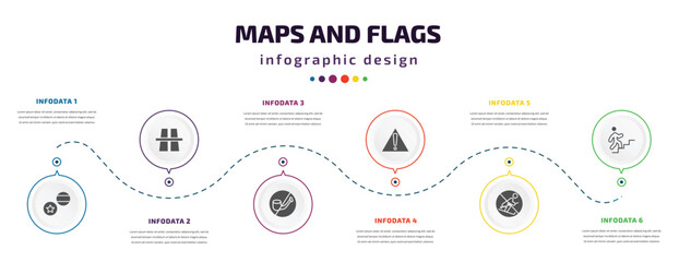 Poster - maps and flags infographic element with filled icons and 6 step or option. maps and flags icons such as flags, flyover bridge, no smoking pipe, caution, no skiing, walking up stair vector. can be