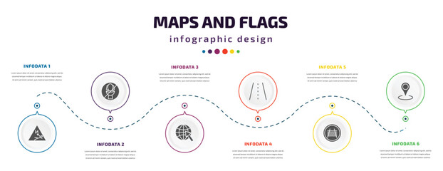 Poster - maps and flags infographic element with filled icons and 6 step or option. maps and flags icons such as electrocution risk, no toileting, arrow on globe, street, rail crossing, locations vector. can
