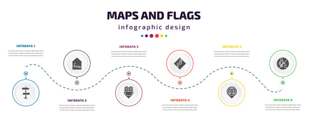 Poster - maps and flags infographic element with filled icons and 6 step or option. maps and flags icons such as vintage, smoking place, reading zone, curves ahead, taxi stop, no littering vector. can be