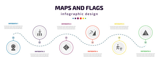 Poster - maps and flags infographic element with filled icons and 6 step or option. maps and flags icons such as locator, crossing road caution, road left side, mining work zone, use dust bin,