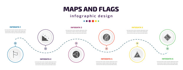 Poster - maps and flags infographic element with filled icons and 6 step or option. maps and flags icons such as plain flag, rock landslide safety, navigate, no luggage, right reverse curve, land slide
