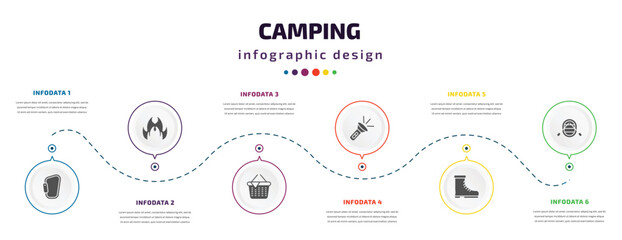 Poster - camping infographic element with filled icons and 6 step or option. camping icons such as carabiner, gas, picnic, flashlight, boots shoes, raft vector. can be used for banner, info graph, web.