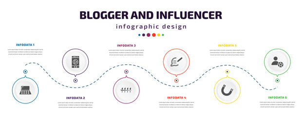 Poster - blogger and influencer infographic element with filled icons and 6 step or option. blogger and influencer icons such as makeup palette, mobile video, counting, blog, magnet, famous vector. can be