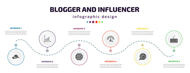 Poster - blogger and influencer infographic element with filled icons and 6 step or option. blogger and influencer icons such as fashion, statistics, world, influencer, likes, keyboard vector. can be used