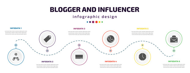 Poster - blogger and influencer infographic element with filled icons and 6 step or option. blogger and influencer icons such as gameplay, label, tv, phone, clock, work vector. can be used for banner, info