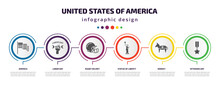 United States Of America Infographic Element With Filled Icons And 6 Step Or Option. United States Of America Icons Such As America, Labor Day, Rugby Helmet, Statue Of Liberty, Donkey, Veterans Day