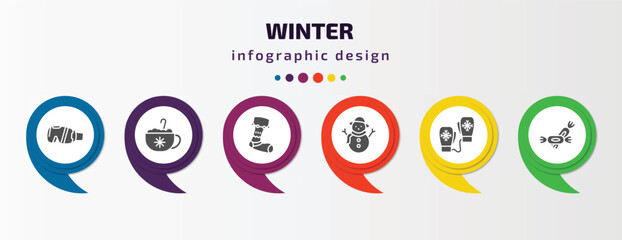 Poster - winter infographic element with filled icons and 6 step or option. winter icons such as goggles, hot drink, christmas sock, snowman, mittens, candy vector. can be used for banner, info graph, web.