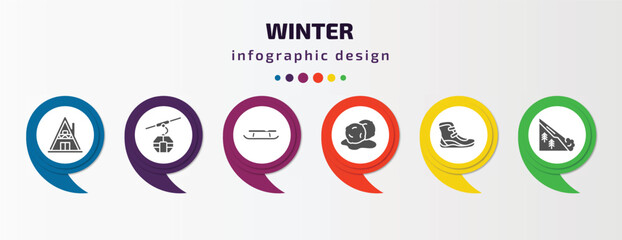 Poster - winter infographic element with filled icons and 6 step or option. winter icons such as winter cabin, cable car cabin, sled, snow ball, boots, avalanche vector. can be used for banner, info graph,