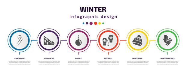 Poster - winter infographic element with filled icons and 6 step or option. winter icons such as candy cane, avalanche, bauble, mittens, winter cap, clothes vector. can be used for banner, info graph, web.