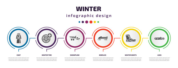 Poster - winter infographic element with filled icons and 6 step or option. winter icons such as coat, winter tire, snowplow, bobsled, boots, logs vector. can be used for banner, info graph, web.