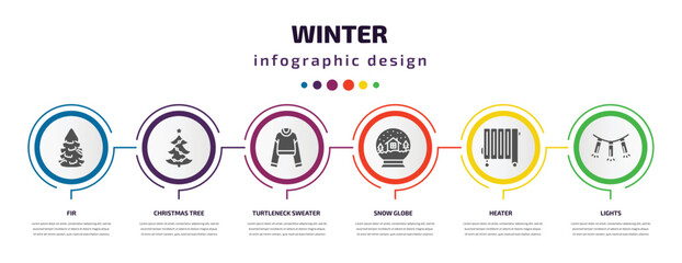 Poster - winter infographic element with filled icons and 6 step or option. winter icons such as fir, christmas tree, turtleneck sweater, snow globe, heater, lights vector. can be used for banner, info