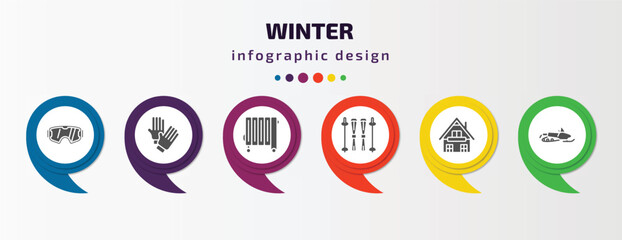 Poster - winter infographic element with filled icons and 6 step or option. winter icons such as snow goggle, winter clothes, heater, ski equiptment, chalet, snowmobile vector. can be used for banner, info