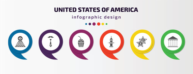 Poster - united states of america infographic element with filled icons and 6 step or option. united states of america icons such as pyramid, father's day, bake, fire hydrant, walk of fame, government